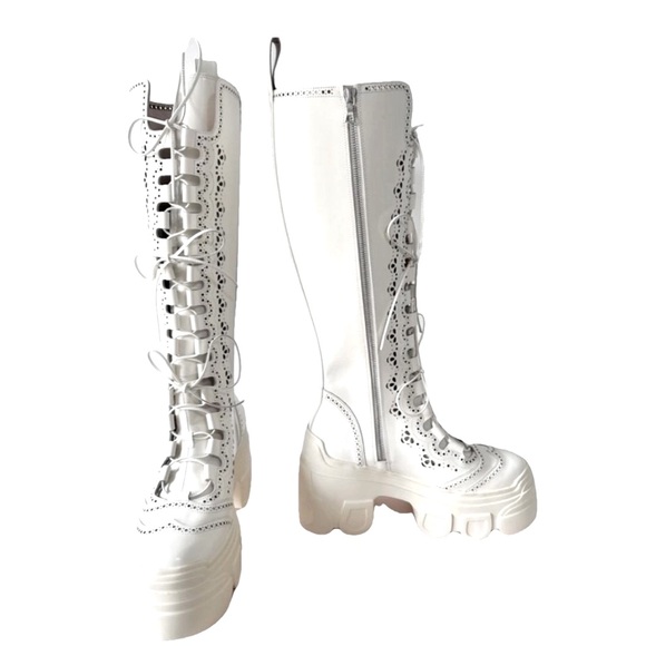 NIB Simone Rocha Perforated Leather White Knees High Lug Sole Lace UP Boots